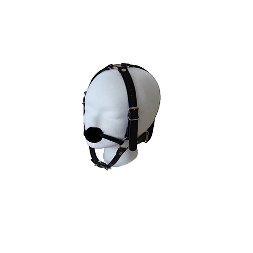 Muwana BDSM Ball Gag Kopfgeschirr aus Leder und Metall, mit verstellbarem Riemen und Kugel für Dominanzspiele, Nahaufnahme