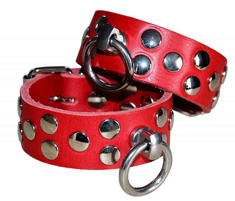 Premium Handfesseln mit Nieten und O-Ring, Büffelleder