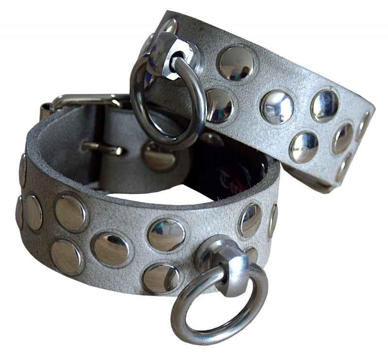 Premium Handfesseln mit Nieten und O-Ring, Büffelleder