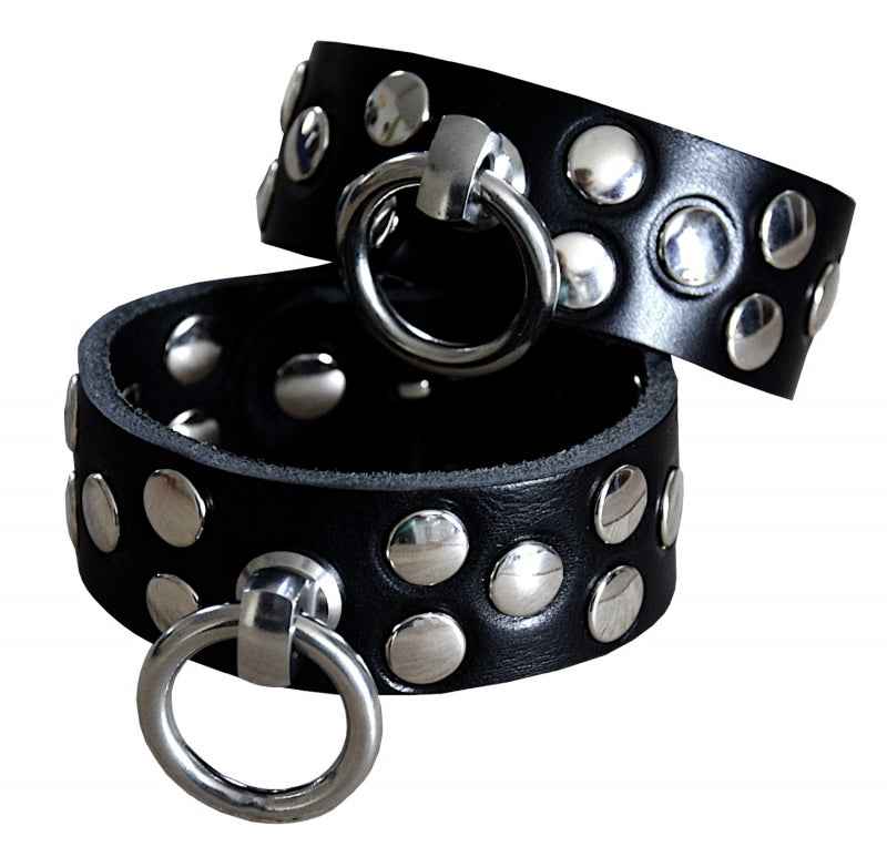 Premium Handfesseln mit Nieten und O-Ring, Büffelleder