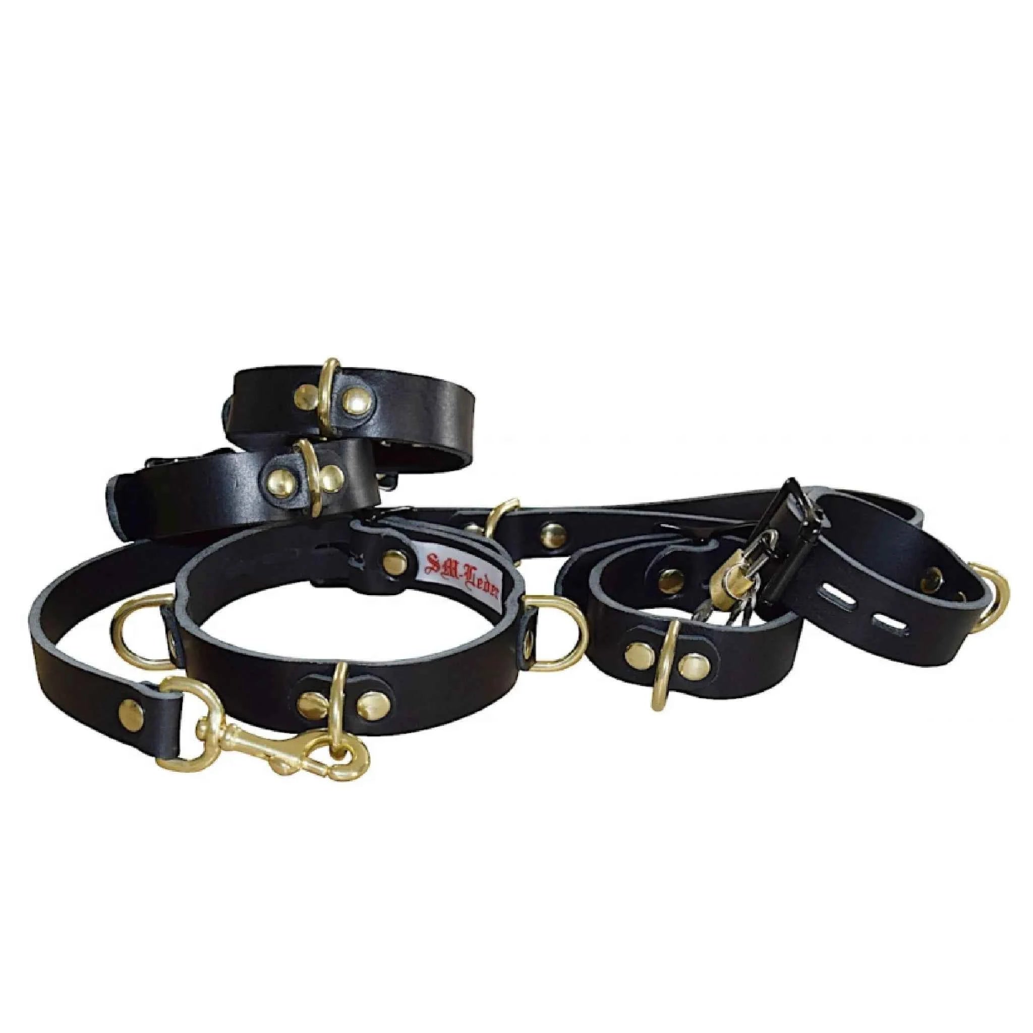 Bondageset - Halsband, Handfesseln, Fußfesseln inkl. Führleine aus Büffelleder