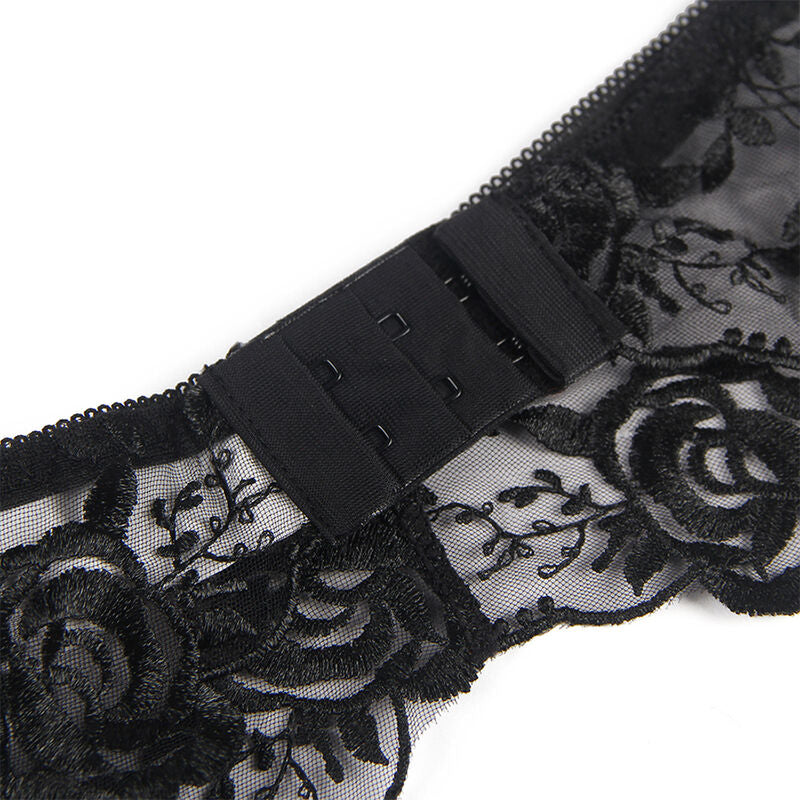 Subblime - 3-Piece Set Bra + Thong + Garter Belt Floral Print Black L/XL