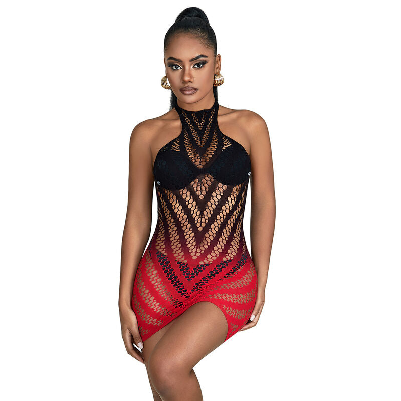 Subblime - 952242 Roter Und Schwarzer Kleid Aus Elastischem Netz Mit Abgeschnittenem Degrad Eine Grã–Sse