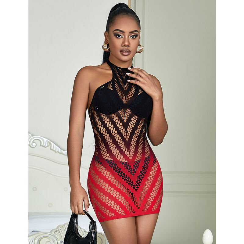 Subblime - 952242 Roter Und Schwarzer Kleid Aus Elastischem Netz Mit Abgeschnittenem Degrad Eine Grã–Sse