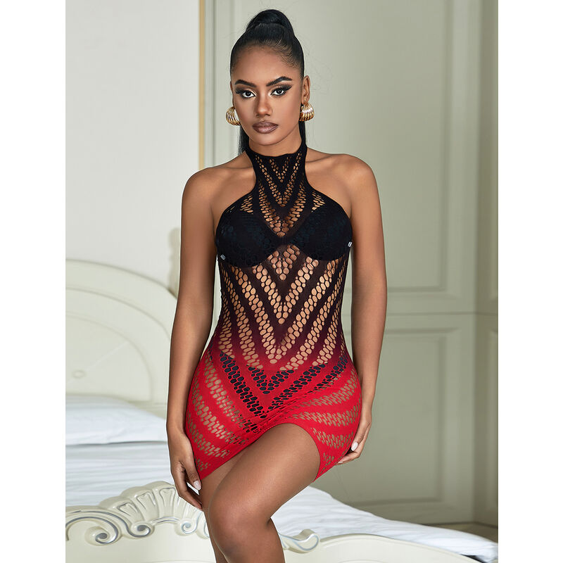 Subblime - 952242 Roter Und Schwarzer Kleid Aus Elastischem Netz Mit Abgeschnittenem Degrad Eine Grã–Sse