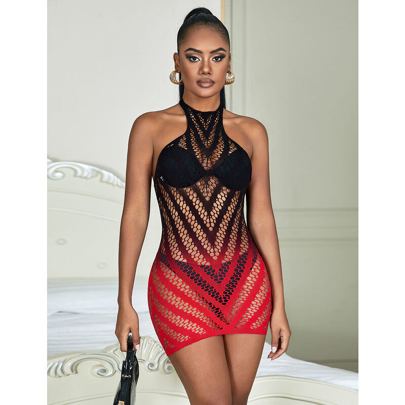 Subblime - 952242 Roter Und Schwarzer Kleid Aus Elastischem Netz Mit Abgeschnittenem Degrad Eine Grã–Sse