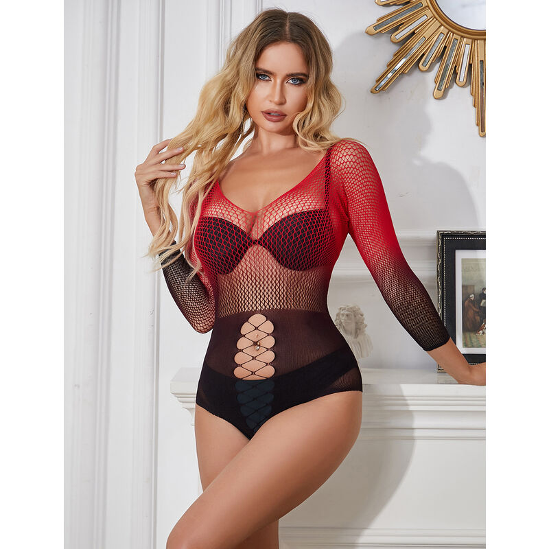 Subblime - 952259 Roter Und Schwarzer Kleid Mit Langen Rmeln Und Elastischem Netzverlauf Eine Grã–Sse
