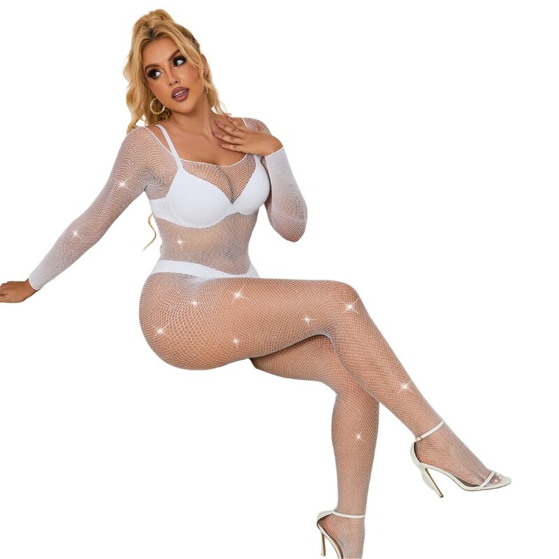 Subblime - 952396 Netz-Bodystocking Mit Diamanten Langarm Weiss Eine Grã–Sse