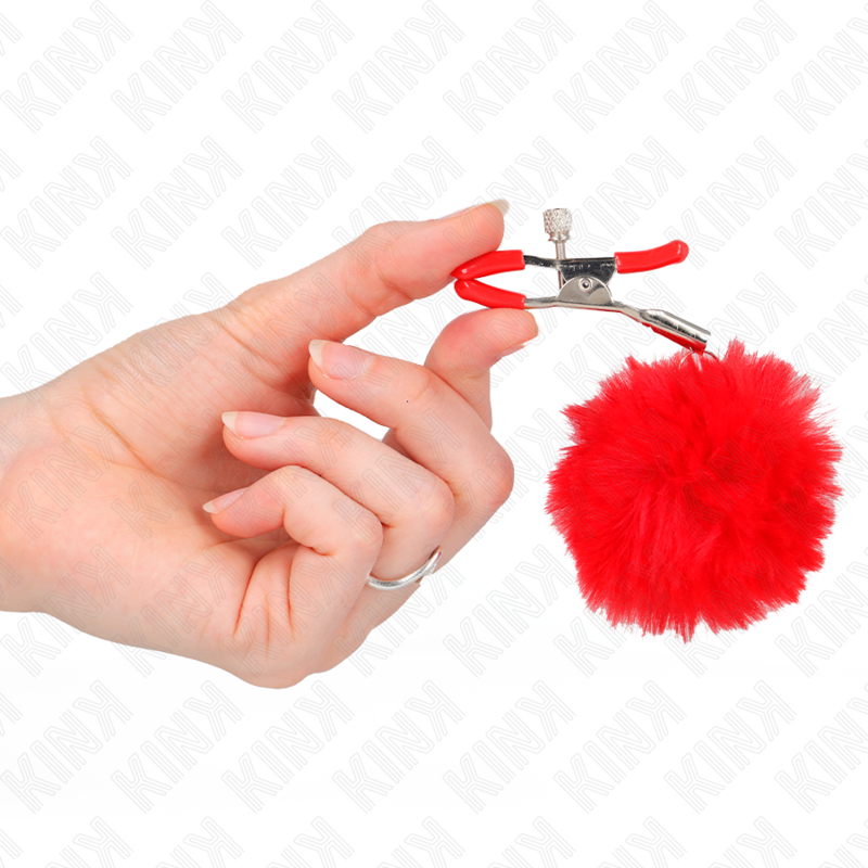 Kink - Kunstfellball-Nippelklammer Rot 6 Cm