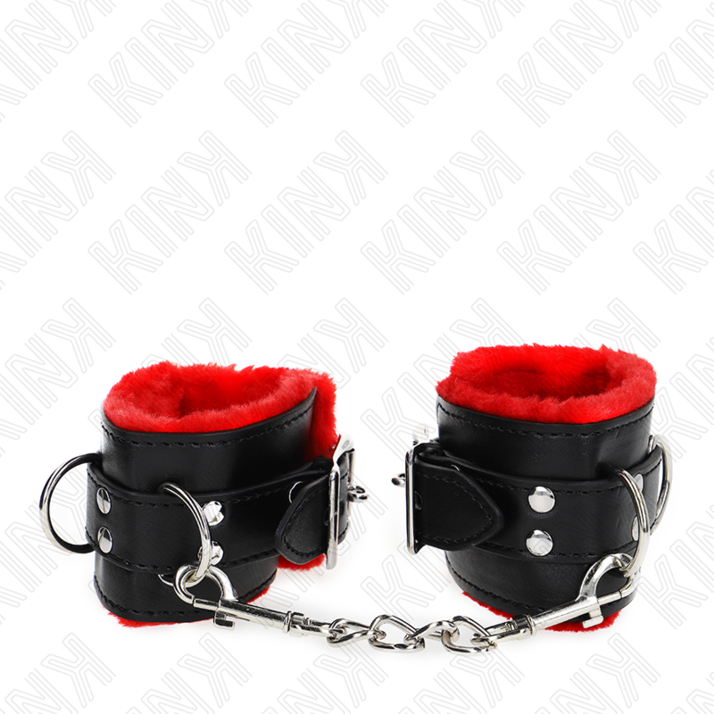 Kink - Pelzgefãœtterte Handgelenkfesseln Mit Quadratischen Lã–Chern, Roter Und Schwarzer Gãœrtel, Verstellbar 17-29 Cm X 6 Cm