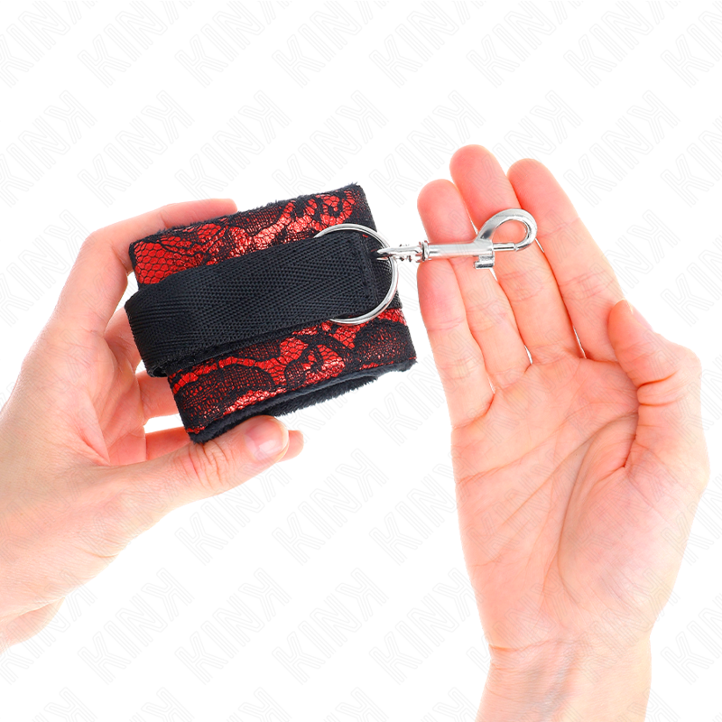 Kink - Kurze Handgelenksfesseln Aus Samtspitze Und Nylonfessel Rot/Schwarz 23 X 6,5 Cm