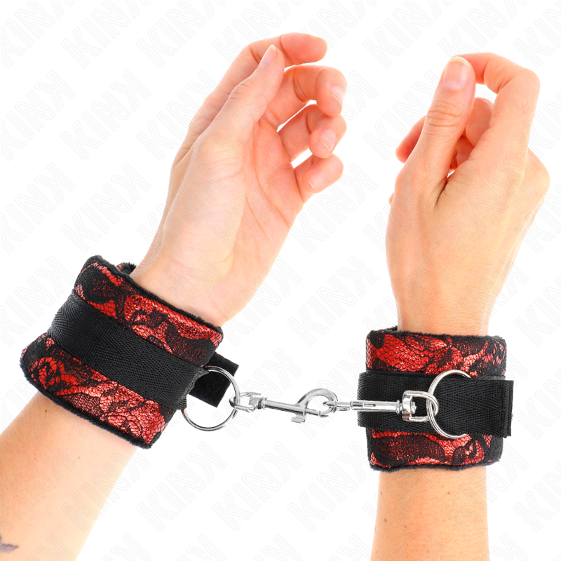 Kink - Kurze Handgelenksfesseln Aus Samtspitze Und Nylonfessel Rot/Schwarz 23 X 6,5 Cm