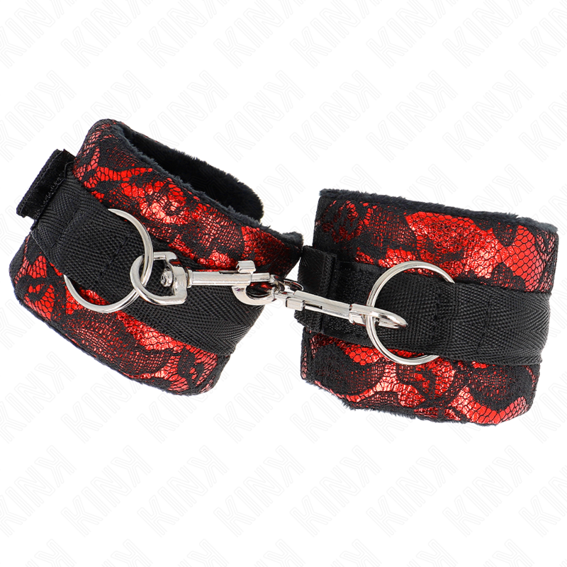 Kink - Kurze Handgelenksfesseln Aus Samtspitze Und Nylonfessel Rot/Schwarz 23 X 6,5 Cm