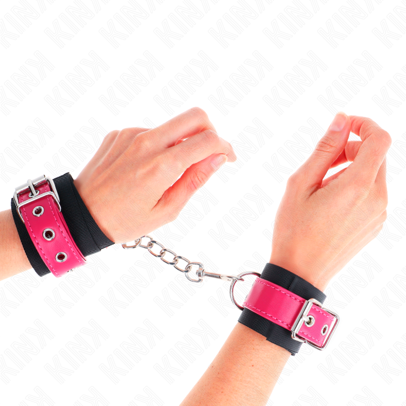 Kink - Nylon Handgelenkfesseln Schwarz Mit Kunstledergãœrtel Himbeerrosa Verstellbar 19-29 Cm X 5,1 Cm