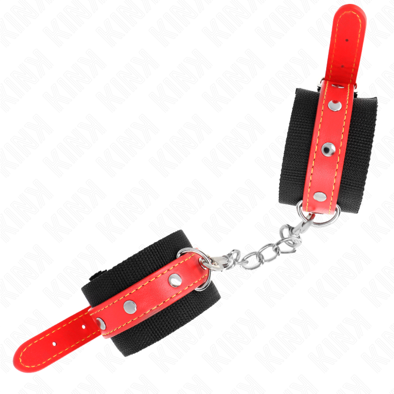 Kink - Nylon Handgelenkfesseln Schwarz Mit Kunstleder Rot Verstellbar 19-24 Cm X 5,5 Cm