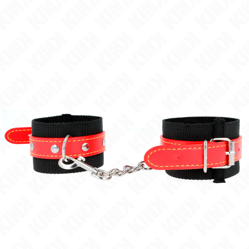 Kink - Nylon Handgelenkfesseln Schwarz Mit Kunstleder Rot Verstellbar 19-24 Cm X 5,5 Cm