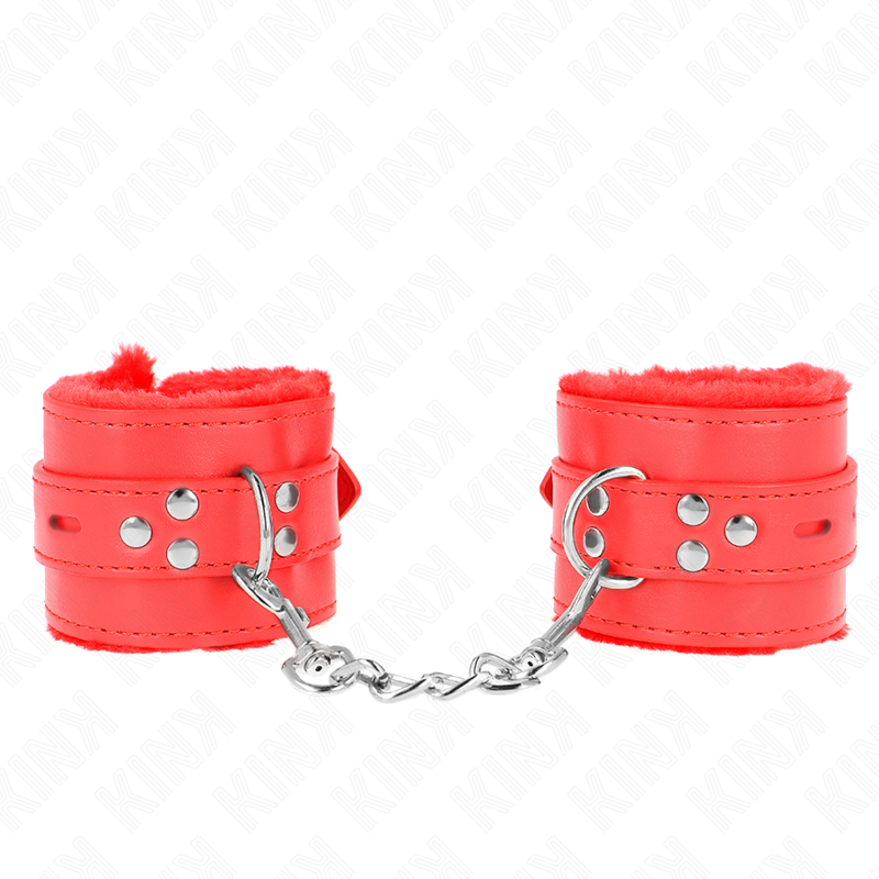 Kink - Pelzgefãœtterte Handgelenkfesseln Mit Quadratischen Lã–Chern, Rot Und Roter Gãœrtel, Verstellbar 17-29 Cm X 6 Cm