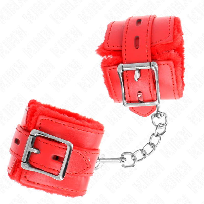 Kink - Pelzgefãœtterte Handgelenkfesseln Mit Quadratischen Lã–Chern, Rot Und Roter Gãœrtel, Verstellbar 17-29 Cm X 6 Cm