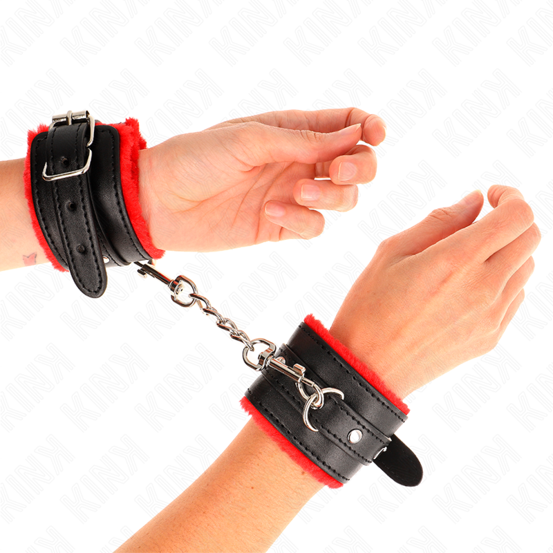 Kink - Premium Pelzgefãœtterte Handgelenkfesseln Rot Mit Schwarzem Gãœrtel Verstellbar 17-29 Cm X 6 Cm