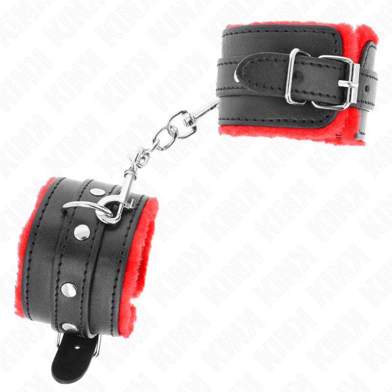 Kink - Premium Pelzgefãœtterte Handgelenkfesseln Rot Mit Schwarzem Gãœrtel Verstellbar 17-29 Cm X 6 Cm