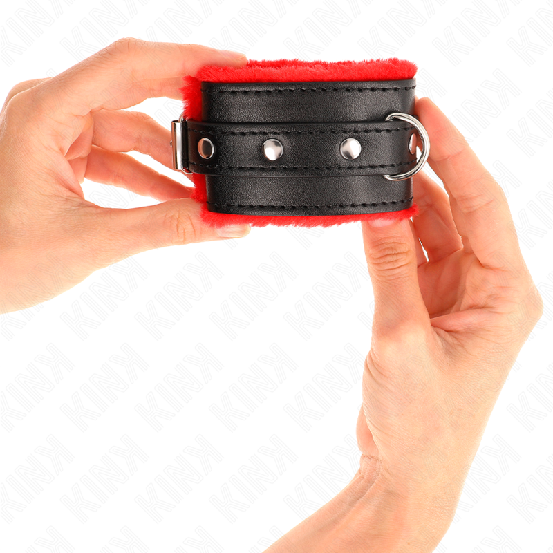 Kink - Premium Pelzgefãœtterte Handgelenkfesseln Rot Mit Schwarzem Gãœrtel Verstellbar 17-29 Cm X 6 Cm