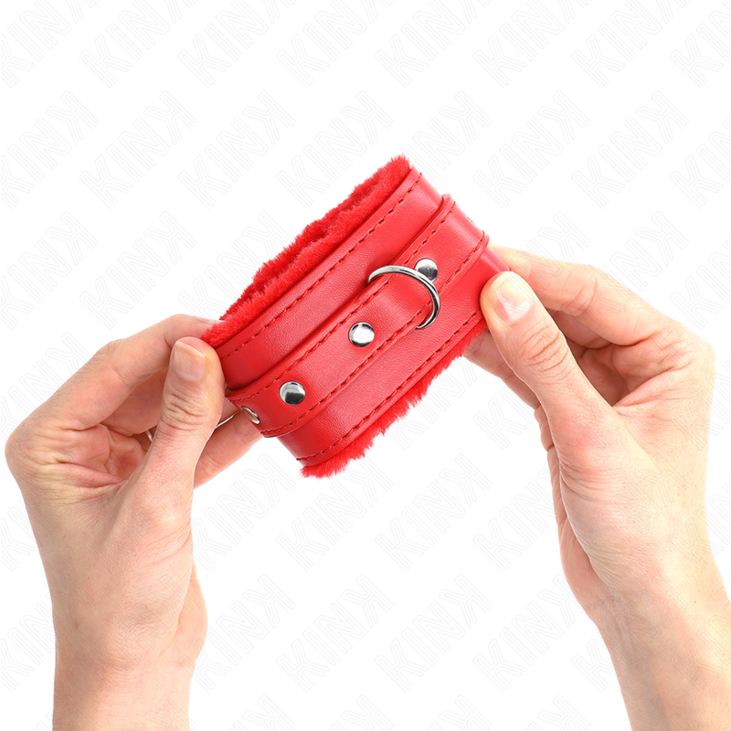 Kink - Premium Pelzgefãœtterte Handgelenkfesseln Rot Mit Rotem Gãœrtel Verstellbar 17-29 Cm X 6 Cm