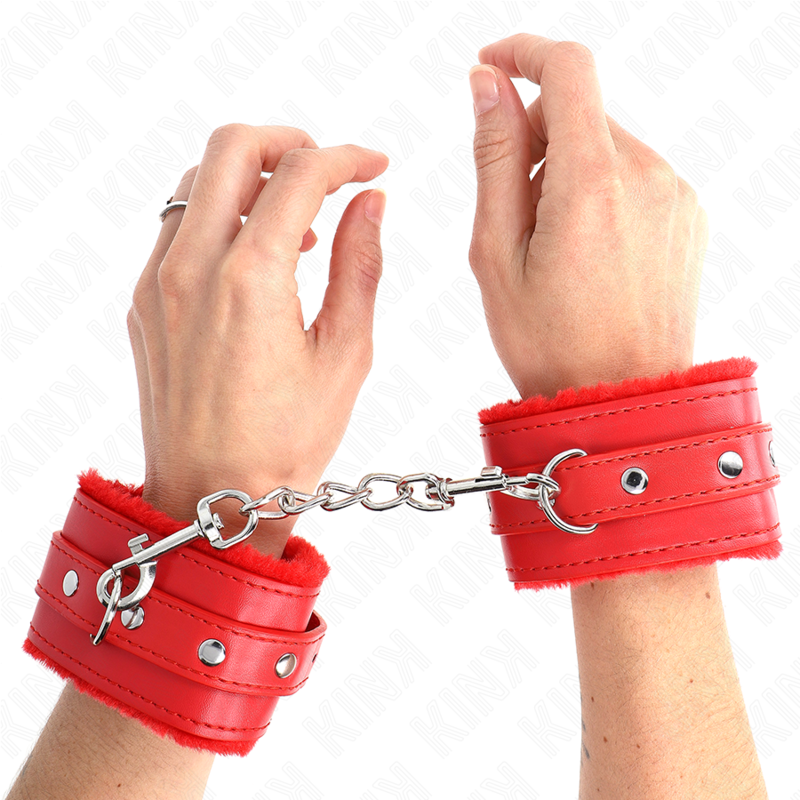 Kink - Premium Pelzgefãœtterte Handgelenkfesseln Rot Mit Rotem Gãœrtel Verstellbar 17-29 Cm X 6 Cm