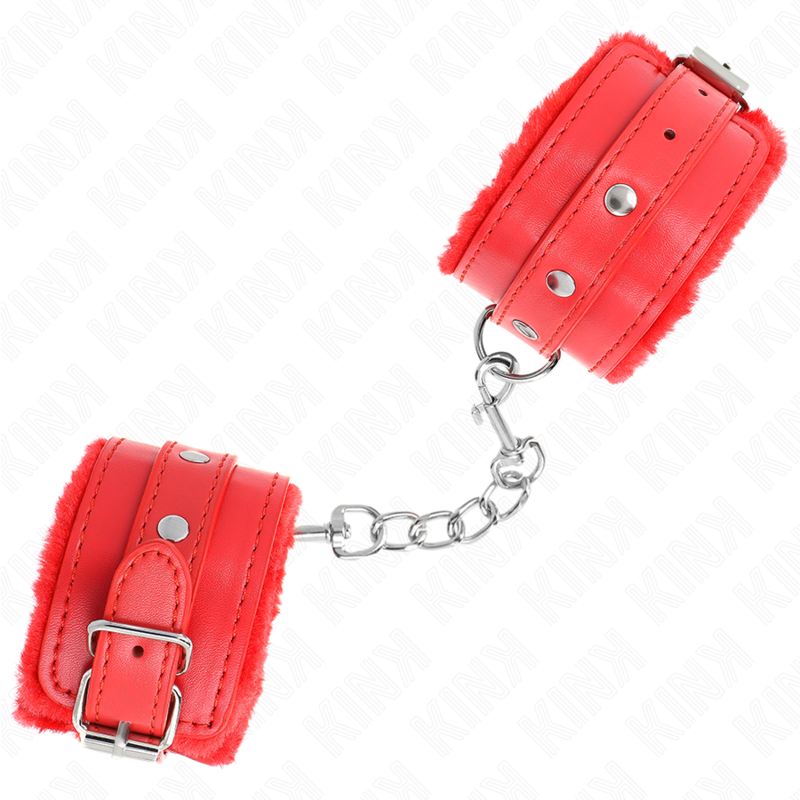 Kink - Premium Pelzgefãœtterte Handgelenkfesseln Rot Mit Rotem Gãœrtel Verstellbar 17-29 Cm X 6 Cm
