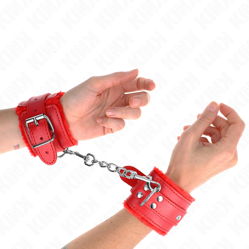 Kink - Pelzgefãœtterte Handgelenkfesseln Rot Mit Rotem Gãœrtel Verstellbar 17-29 Cm X 6 Cm
