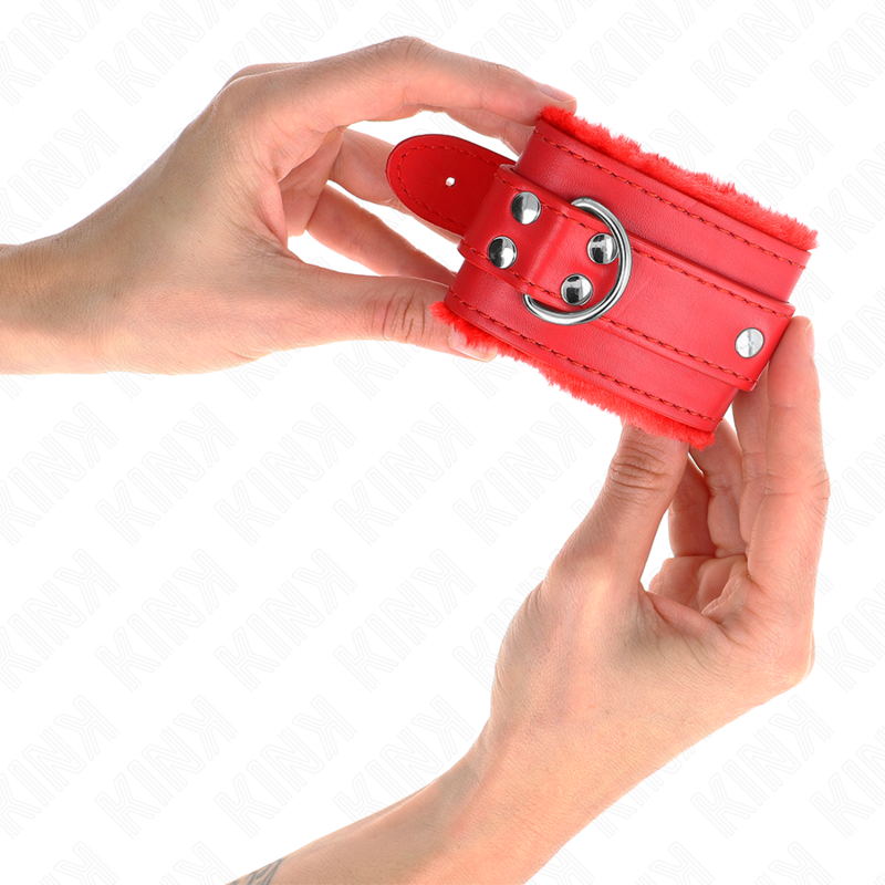 Kink - Pelzgefãœtterte Handgelenkfesseln Rot Mit Rotem Gãœrtel Verstellbar 17-29 Cm X 6 Cm