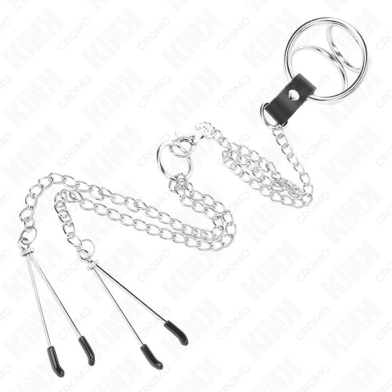 Kink - Dreifach Chrom Metall Penisring 3 Cm Bis 4,5 Cm Mit 26 Cm Metallkette Und Brustklammern