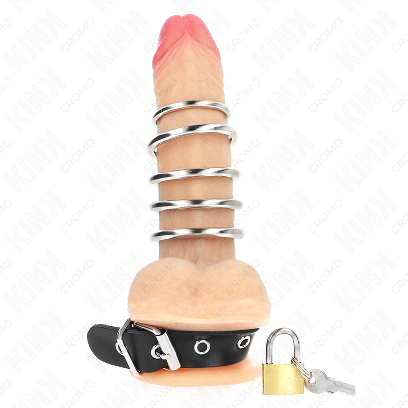 Kink - Penisring Aus Leder Mit Verschlussband 21 X 2 Cm Und 5 Metallringen Von 3 Cm Bis 4 Cm