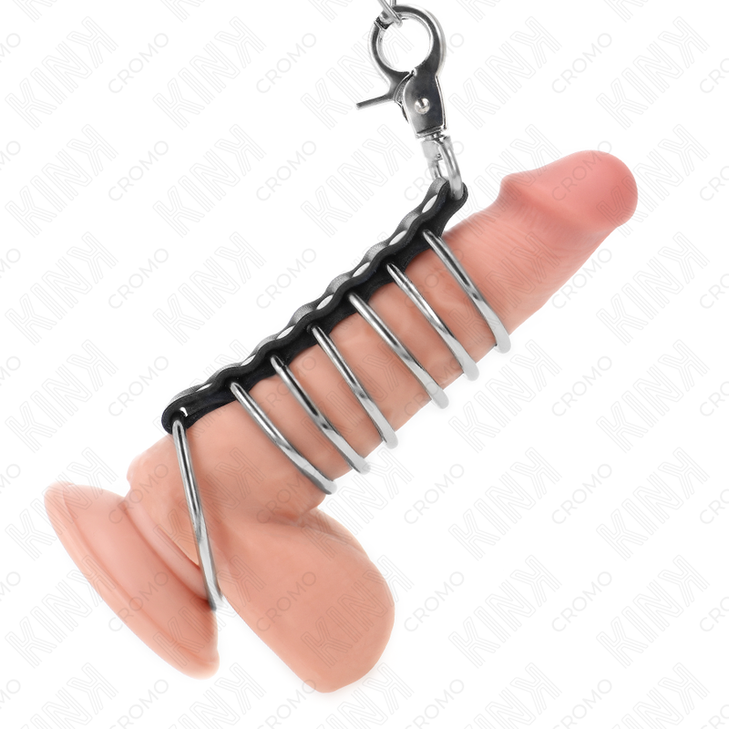 Kink - 7 Penisringe Aus Metall 3,8 Cm Bis 5 Cm Verbunden Mit Leder Und Metallkette 100 Cm
