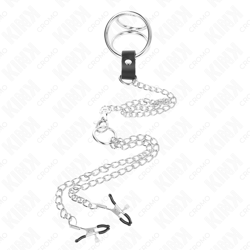 Kink - Dreifach Chrom Metall Penisring 3,8 Cm Bis 5 Cm Mit 26 Cm Metallkette Und Nippelklemmen Modell 1