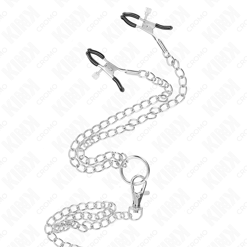 Kink - Dreifach Chrom Metall Penisring 3,8 Cm Bis 5 Cm Mit 26 Cm Metallkette Und Nippelklemmen Modell 1
