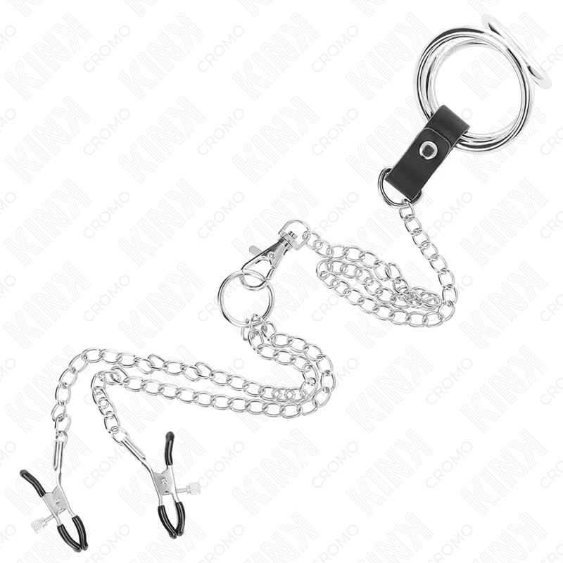 Kink - Dreifach Chrom Metall Penisring 3 Cm Bis 4,5 Cm Mit 26 Cm Metallkette Und Brustklammern
