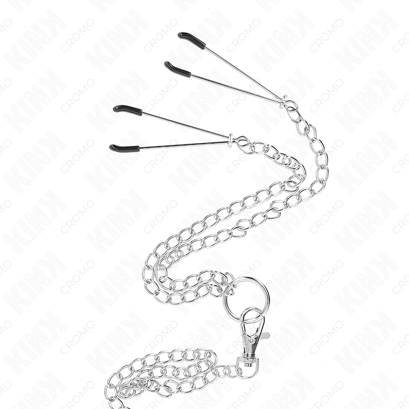 Kink - Dreifach Chrom Metall Penisring 3,8 Cm Bis 5 Cm Mit 26 Cm Metallkette Und Nippelklemmen Modell 2