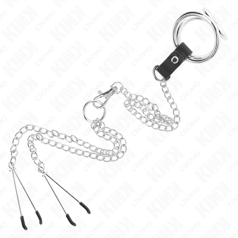 Kink - Dreifach Chrom Metall Penisring 3,8 Cm Bis 5 Cm Mit 26 Cm Metallkette Und Nippelklemmen Modell 2