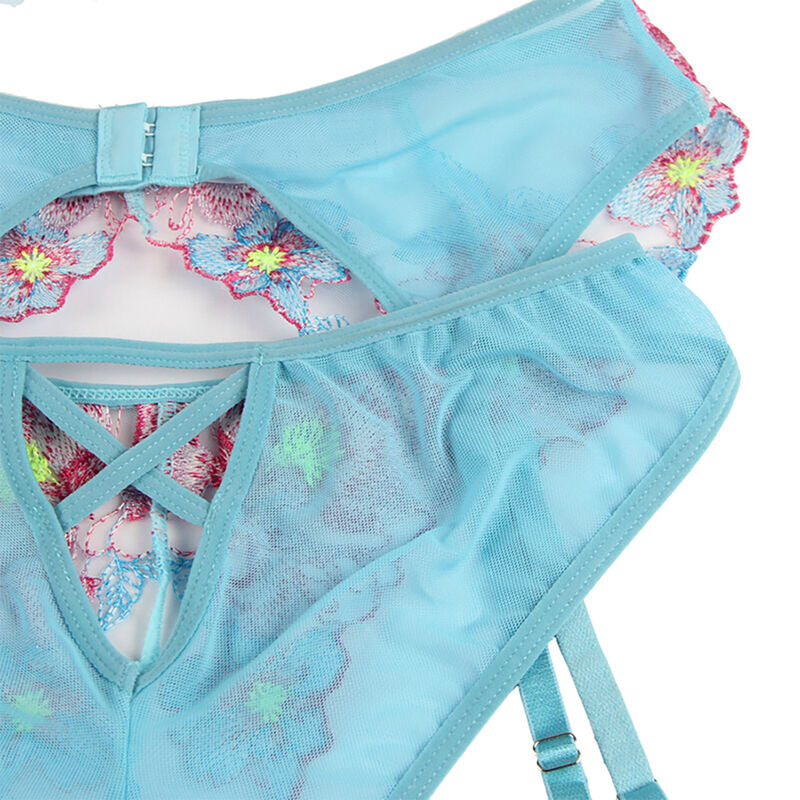 Subblime - 954109 Bh + Hã–Schen Mit Strumpfgãœrtel Blumendesign Blau S/M