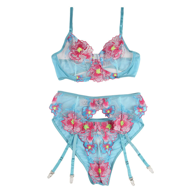 Subblime - 954116 Bh + Hã–Schen Mit Strumpfgãœrtel Blumendesign Blau L/Xl