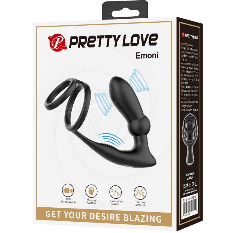 Pretty Love - Emoni Penis Ring + Anal Plug 12 Vibrations Black