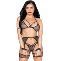 Leg Avenue - 89362 Top + String + Strumpfgürtel + Handschellen Set Schwarz - Einheitsgröße