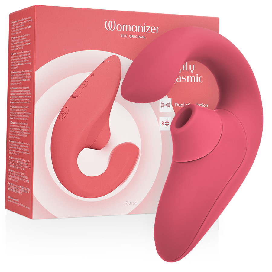 Dual stimulation with the Womanizer Blend rabbit vibrator: Unforgettable orgasms in captivating pink