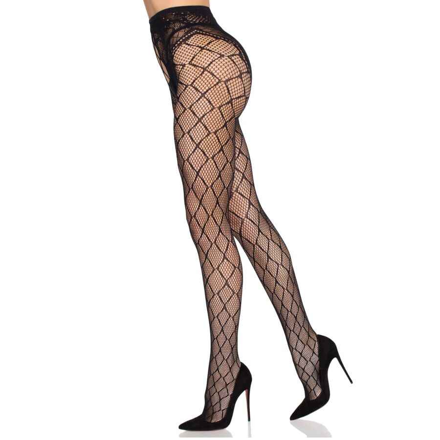 LEG AVENUE - 1966 NETZSTRUMPFHOSE MIT OFFENEM SCHRITT, SCHWARZ - EINHEITSGRÖSSE