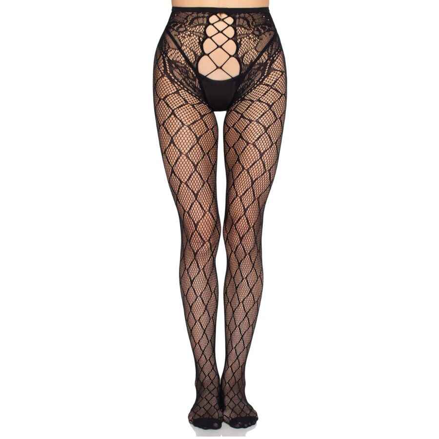 LEG AVENUE - 1966 NETZSTRUMPFHOSE MIT OFFENEM SCHRITT, SCHWARZ - EINHEITSGRÖSSE