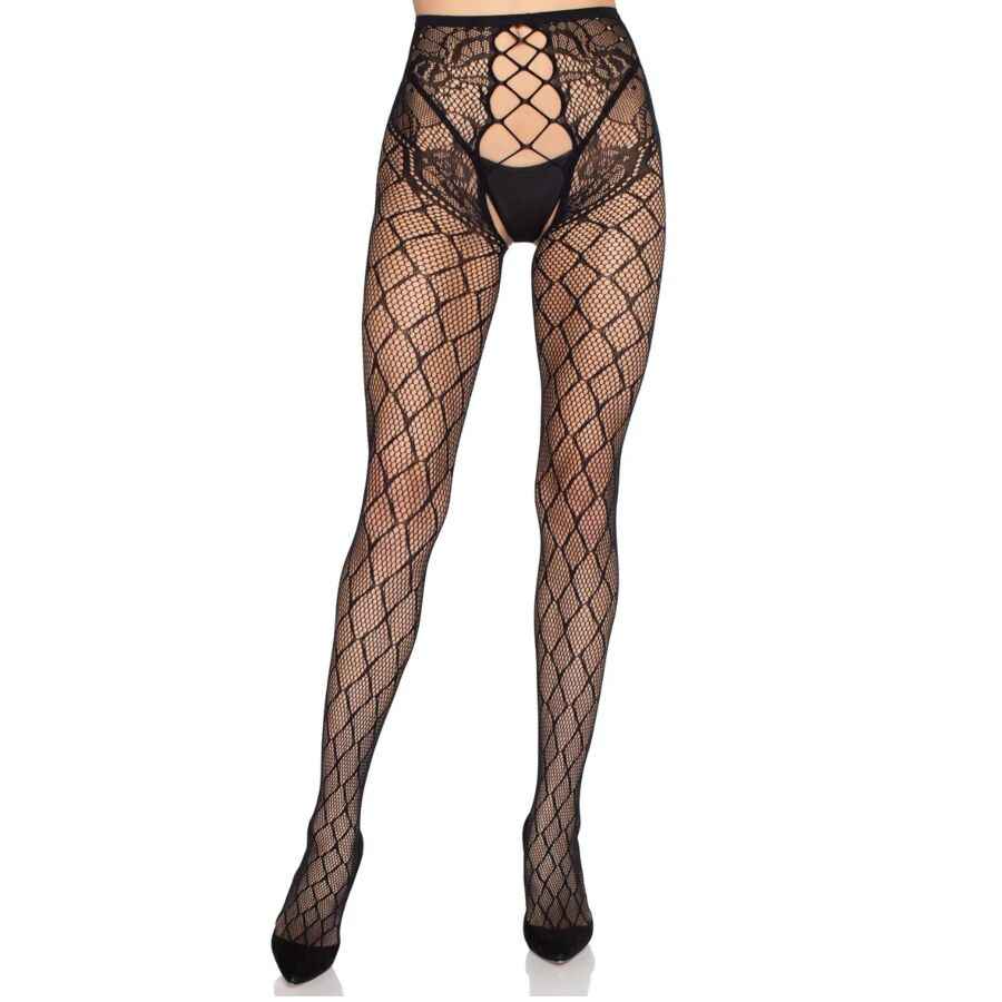LEG AVENUE - 1966 NETZSTRUMPFHOSE MIT OFFENEM SCHRITT, SCHWARZ - EINHEITSGRÖSSE