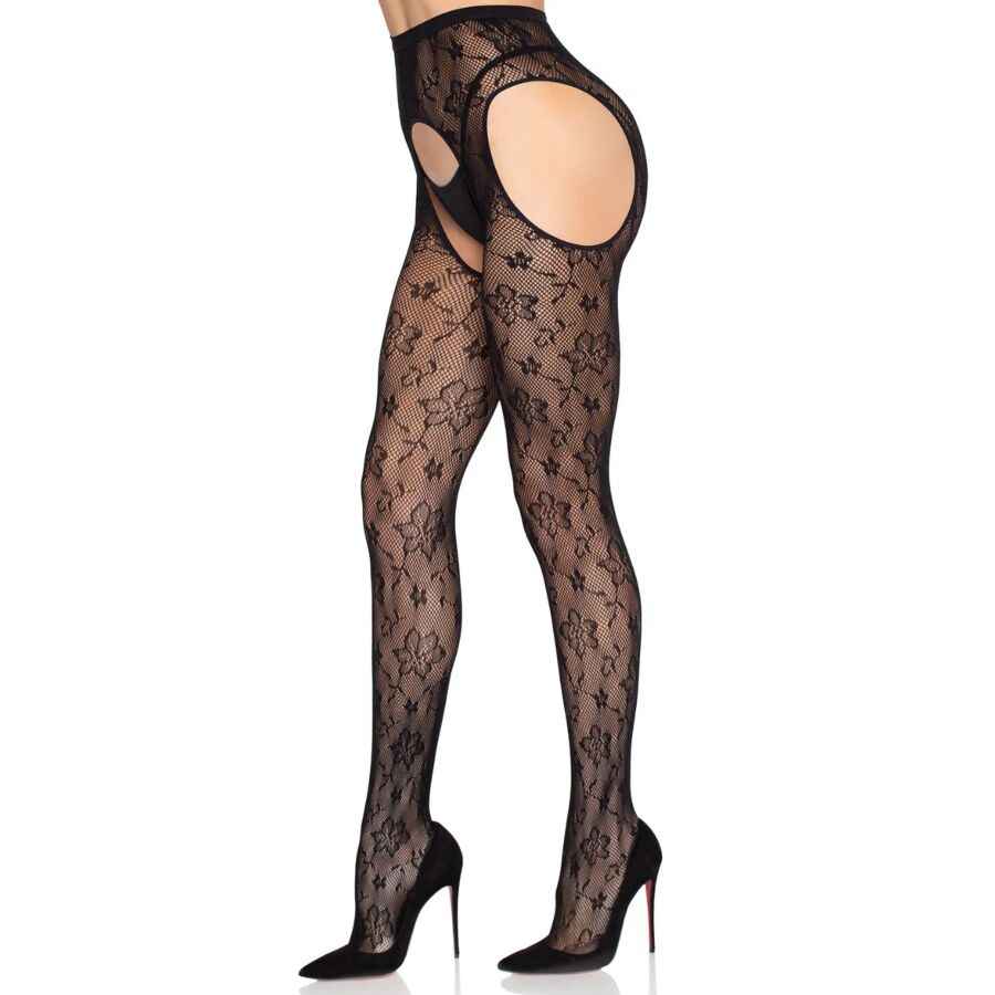 LEG AVENUE - 1967 BLOOM NETZ-STRUMPFHOSE MIT STRUMPFHALTERN, SCHWARZ - EINHEITSGRÖSSE