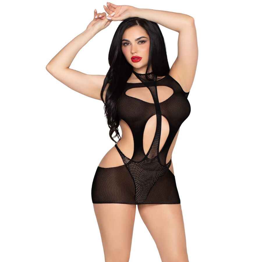 LEG AVENUE - 81680 BLICKDICHTES MINIKLEID UND NECKHOLDER-TEDDY, SCHWARZ - EINHEITSGRÖSSE