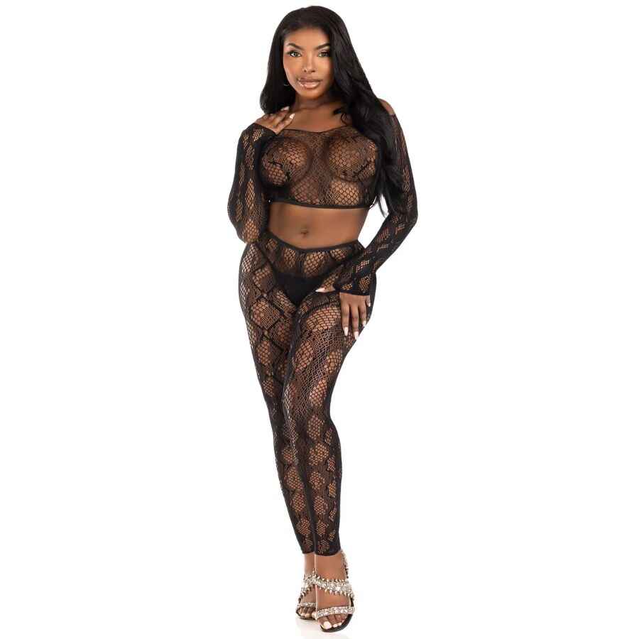 LEG AVENUE - 89373 PYTHON-CROP-TOP & FUSSLOSE STRUMPFHOSE SCHWARZ - EINHEITSGRÖSSE