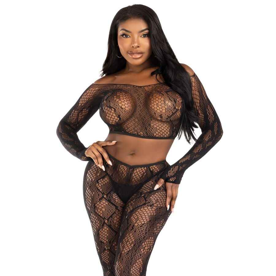 LEG AVENUE - 89373 PYTHON-CROP-TOP & FUSSLOSE STRUMPFHOSE SCHWARZ - EINHEITSGRÖSSE